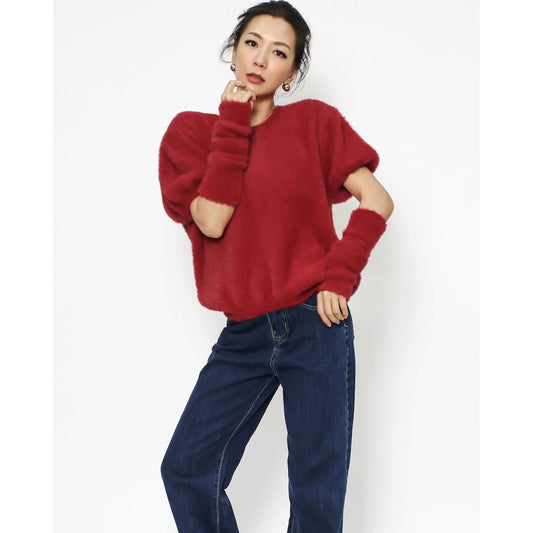 STYLE GAL RED FLUFFY KNITTED TOP WITH ARM WARMER