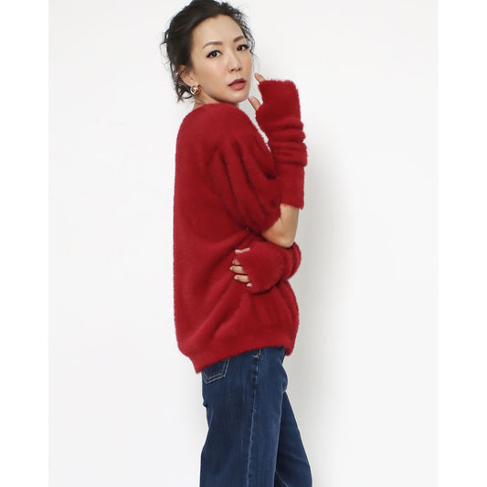 STYLE GAL RED FLUFFY KNITTED TOP WITH ARM WARMER